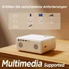 A white projector is shown on a wooden table, with a graphic overlay detailing its supported multimedia connections. Podgląd zdjęcia produktu