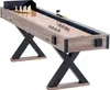 A shuffleboard table with bowling pins and pucks on a white background. Produktbild-Vorschau