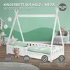 A white wooden children's bed with a teepee frame, set against a green wall with a wavy pattern. The bed is made up with green bedding and a teddy bear. Several icons and text labels are present at the bottom and top of the image. Produktbild-Vorschau
