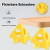 Yellow triangular stands supporting a wooden board, with text and icons on the left side. Produktbild-Vorschau
