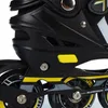 A close-up view of the side of a black and yellow inline skate, showing the wheels and part of the boot. Voir les images du produit
