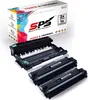 A product box and printer toner cartridges and drum unit. Produktbild-Vorschau