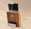 A wooden knife block with several knives inserted, with dimensions indicated. Podgląd zdjęcia produktu