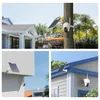 Collage of images showing a white security camera with a solar panel mounted on different outdoor surfaces like a pole, a wall, and a roof. Produktbild-Vorschau