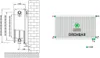 Diagrams showing dimensions and a front view of a radiator. Produktbild-Vorschau