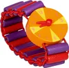 A close-up shot of a wooden toy watch with a colorful bracelet and a clock face. Produktbild-Vorschau