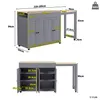 A diagram showing the dimensions of a gray kitchen island with an extendable table. Produktbild-Vorschau