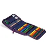 An open purple pencil case filled with colored pencils, erasers, and a ruler. Produktbild-Vorschau