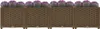 A row of four brown planters filled with purple flowers, set against a white background. Náhled obrázku produktu
