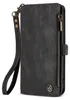 A black wallet-style phone case with a wrist strap and a zippered compartment is shown against a white background. Produktbild-Vorschau