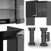 A collage of different views of a black high-gloss kitchen cabinet and its components, including legs. Produktbild-Vorschau