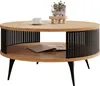 A round coffee table with a wooden top and a slatted shelf below, supported by black metal legs. Náhled obrázku produktu