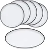 A set of white plates with black rims, stacked and one plate in the foreground. Produktbild-Vorschau