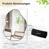 A product image showing an asymmetrical mirror with dimensions and a close-up of its frame. Produktbild-Vorschau