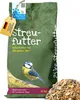 A bag of birdseed with a blue tit perched on a branch, and a pile of birdseed in the foreground. Produktbild-Vorschau