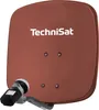 A satellite dish with a logo and attached LNB. Produktbild-Vorschau