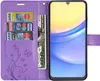 A purple wallet-style phone case with slots for cards and cash, open to reveal a smartphone screen. Produktbild-Vorschau