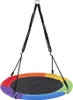A round nest swing with a rainbow-colored edge and a black mesh seat, suspended by black ropes from silver rings. Produktbild-Vorschau