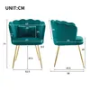 Two views of a teal velvet chair with gold legs, showing dimensions. Anteprima dell’immagine prodotto