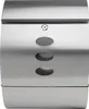 A front view of a modern, brushed stainless steel mailbox with three oval-shaped windows and a lock. Produktbild-Vorschau