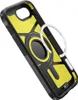 The back of a black and yellow phone case is shown at an angle. Náhled obrázku produktu