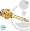 A product shot of a brass valve stem, likely for plumbing, against a light gray and white background with graphic elements. Produktbild-Vorschau