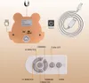 A product image showing a night light, its remote control, and a USB cable, with labels and icons indicating features and functions. Produktbild-Vorschau