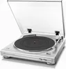 A silver and black Denon turntable with its lid open, shown from a front-side angle against a white background. Voir les images du produit