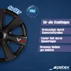 A car wheel cover with text describing its features against a blue textured background. Produktbild-Vorschau