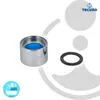 A chrome faucet aerator and a black rubber washer are displayed against a white and light gray background with graphic elements. Produktbild-Vorschau
