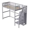 A gray wooden loft bed with stairs and a built-in closet, shown against a white background. Produktbild-Vorschau