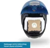 The image shows the inside of a blue vacuum cleaner with a dust bag installed. The lid of the vacuum cleaner is open. Produktbild-Vorschau