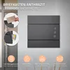 A dark gray letterbox mounted on a textured wall, with inset images showing how to insert mail and the capacity for newspapers. Icons at the bottom highlight features like lockability, weather resistance, and letter size compatibility. Produktbild-Vorschau