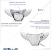 Diagrams and text explaining the features of a white outdoor LED light fixture. Produktbild-Vorschau