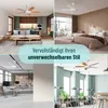 A collage of four different room settings featuring ceiling fans, with a text overlay in the center. Produktbild-Vorschau