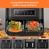 A close-up of a dual air fryer with food cooking inside, and a collage of different air fryer models at the bottom. Produktbild-Vorschau