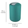 A teal colored trash can with a silver lid, shown with dimensions indicated by lines and text. Produktbild-Vorschau