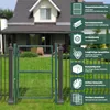 A green garden gate is shown in front of a house, with informational graphics on the right side. Produktbild-Vorschau