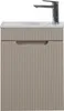 A close-up studio shot of a beige bathroom vanity with a chrome faucet. Produktbild-Vorschau