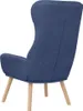 A blue fabric armchair is shown from the back with its wooden legs. Podgląd zdjęcia produktu
