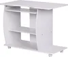 A white computer desk with shelves and wheels, shown from a slightly angled front view against a white background. Podgląd zdjęcia produktu