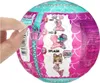 A hand is peeling open a spherical toy package, revealing instructions and a doll. Voir les images du produit