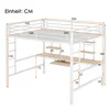 A diagram of a loft bed with a desk and shelves, showing dimensions. Produktbild-Vorschau