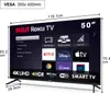A 50-inch RCA Roku Smart TV with its user interface displayed, showing dimensions and VESA mount information. Náhľad obrázku produktu