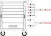 A line drawing of a tool cart with numbered labels and dimensions. Produktbild-Vorschau