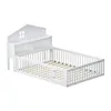 A white wooden children's bed with a house-shaped headboard and integrated shelving. Náhled obrázku produktu