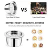 Comparison of reusable coffee capsules versus disposable ones, with examples of latte art. Produktbild-Vorschau