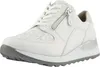 A white women's sneaker with a floral pattern on the toe box and a silver wedge heel. Produktbild-Vorschau