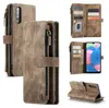 Collage of images showing a brown leather wallet-style phone case for a Samsung Galaxy A50, displaying its features like card slots, zipper pocket, and stand function. Produktbild-Vorschau