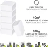 A stack of white refill cubes for a dehumidifier, with marketing text and icons indicating features and usage. Produktbild-Vorschau